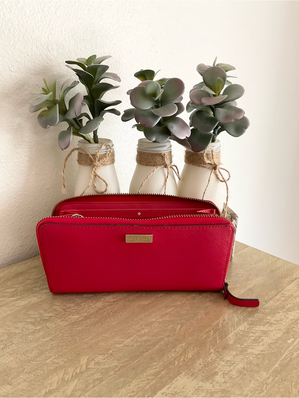 Kate Spade Bright Red Double-Zip Wallet with Gold Plate